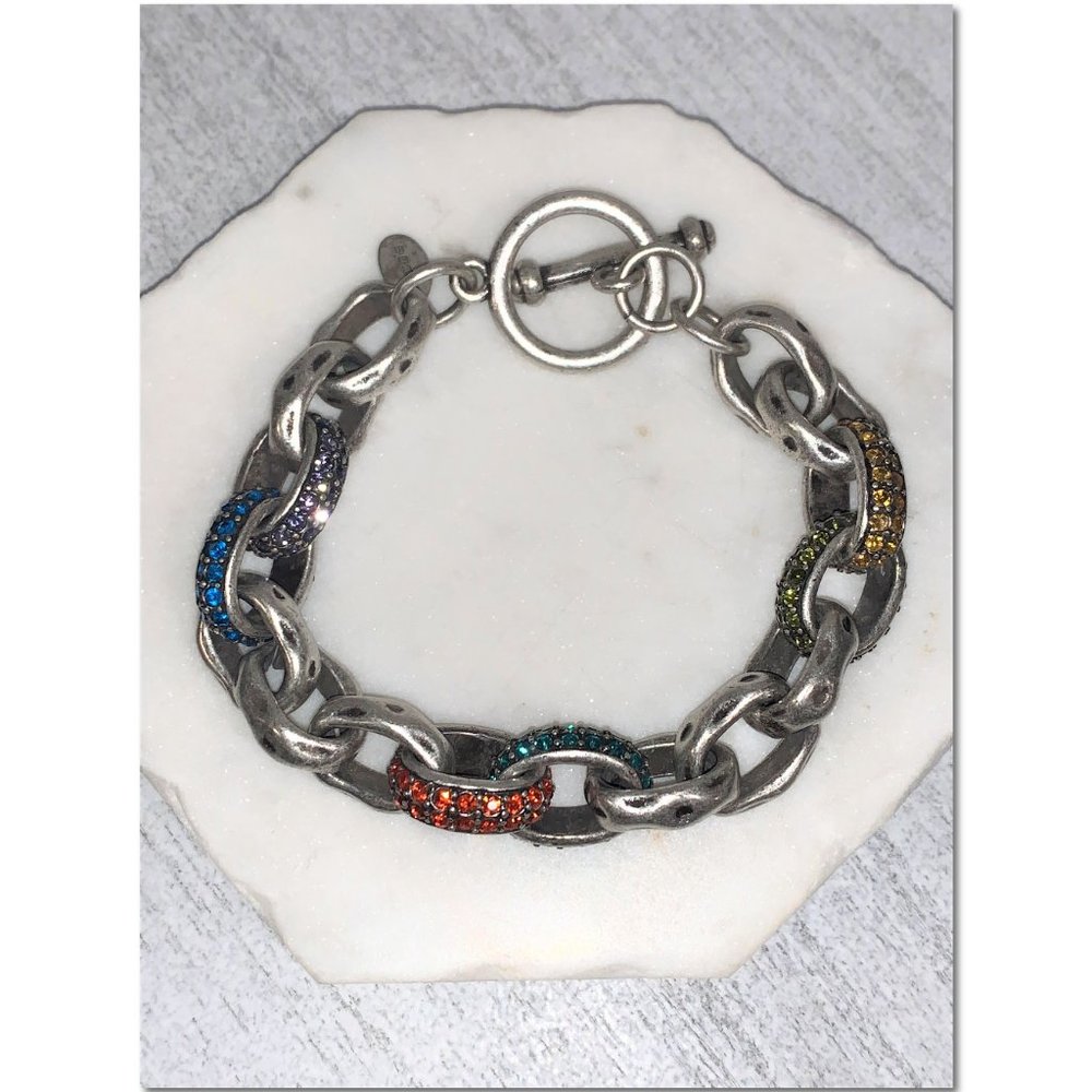 Hammered Silver Multicolored Crystal Chunky Chain Link Bracelet EUC